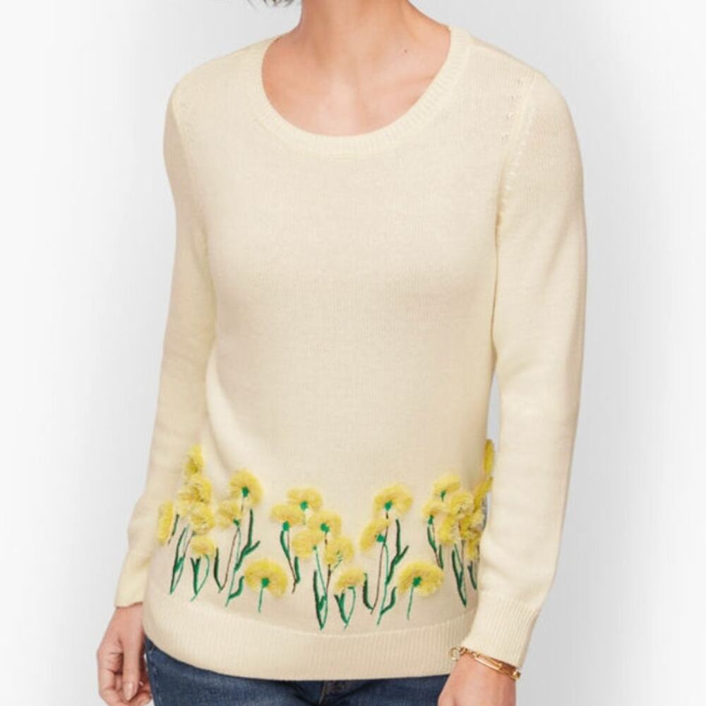 TALBOTS 3-D Floral Embroidered Open Neck Long Sleeve Knit Sweater Cream Yellow L